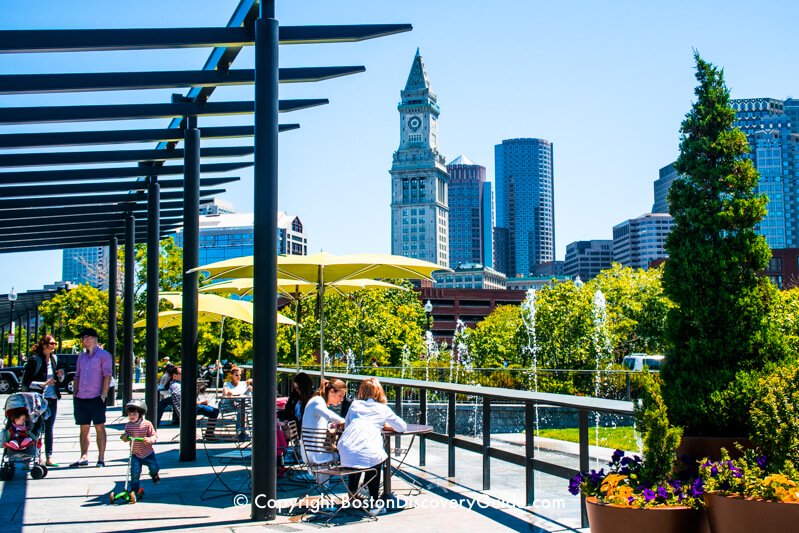 Picnic tables and splash fountains on Boston's Rose Kennedy Greenway Picnic tables and splash fountains on Boston's Rose Kennedy Greenway