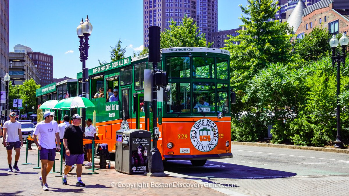 Hop on hop off sightseeing trolley near Boston's Greenway and Faneuil Marketplace Hop on hop off sightseeing trolley near Boston's Greenway and Faneuil Marketplace